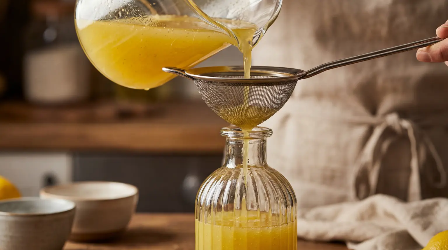 Limoncello durch ein Sieb in eine Flasche abseihen